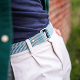 triple climbing rope belt in blue, white and black