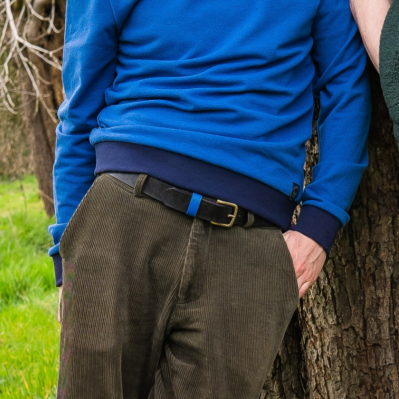 car tire belt with cobalt blue loop and brass buckle